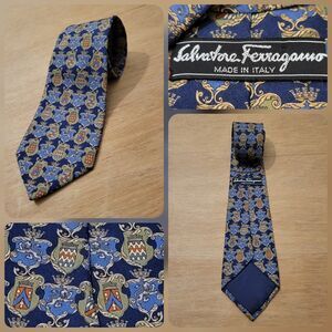 SALVATORE FERRAGAMO Men's 100% Silk Necktie LUXURY Tie Blue Art W:3.5" EUC